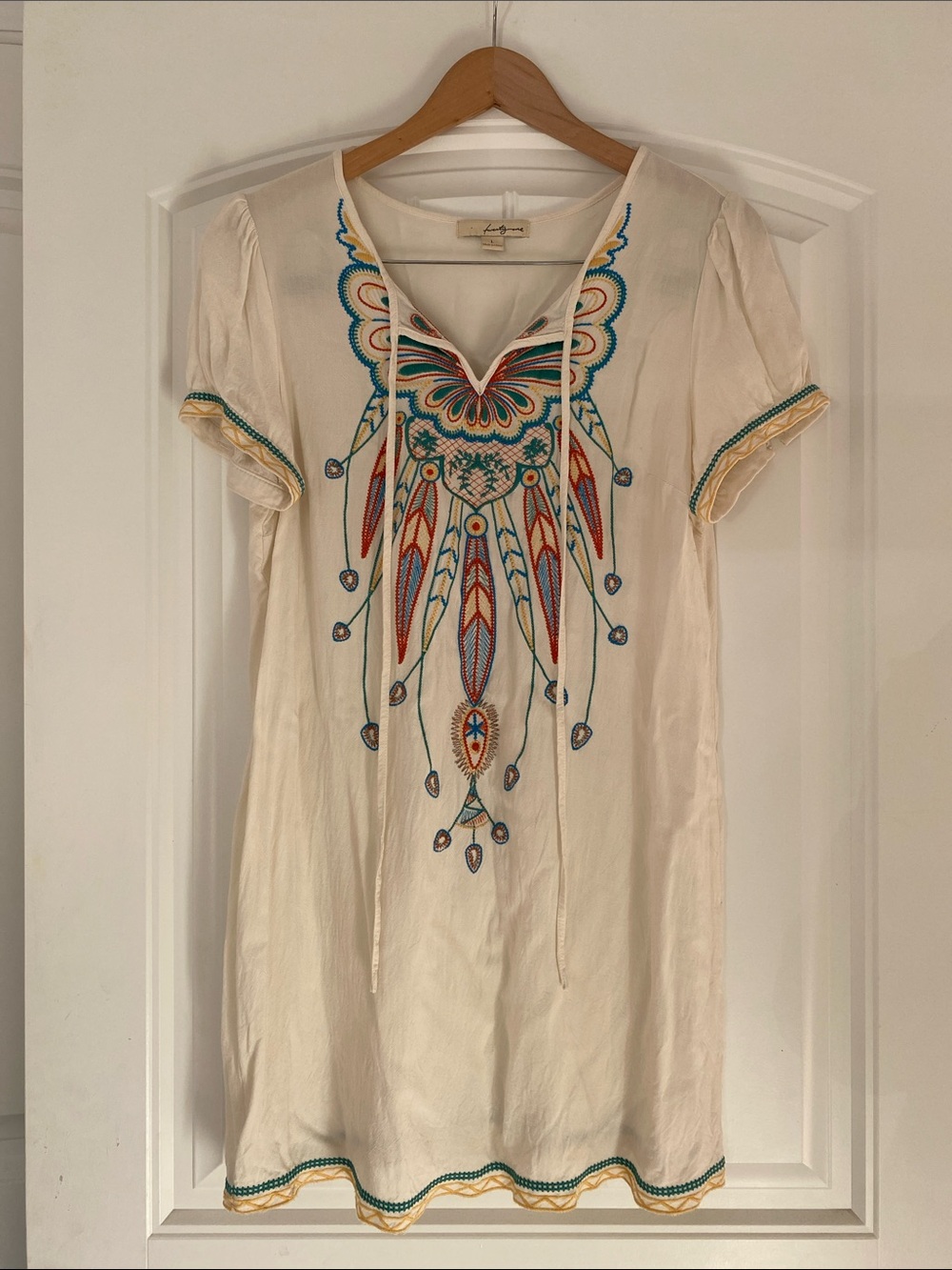 Forever 21 Cream Swim Coverup with Turquoise and Red Embroidery size Large